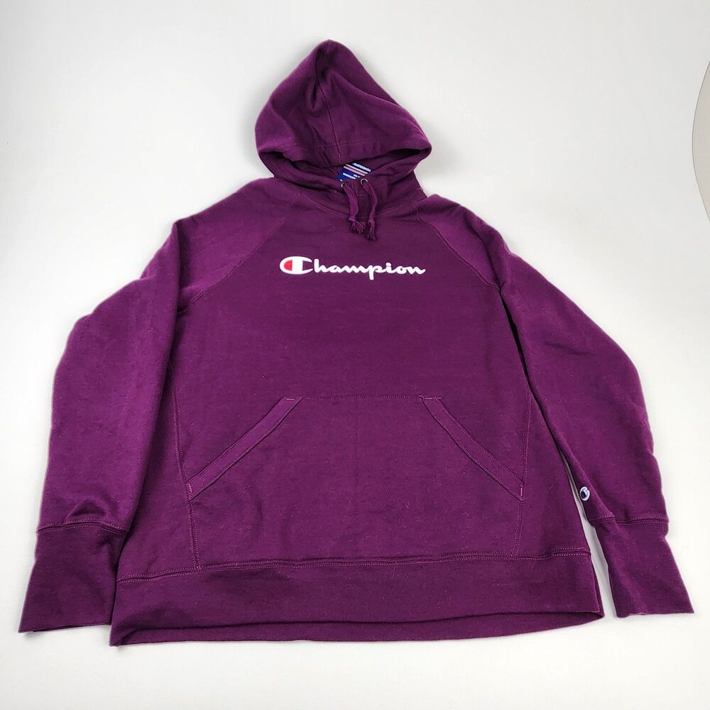 Champion Women’s Purple Pullover Hoodie Large Script Logo Fleece Sweatshirt NWT
